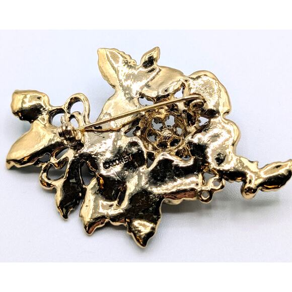 Vintage Monet Faux Pearl Enamel Floral Leaf Gold Tone Brooch - Picture 7 of 7